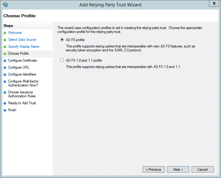 The AD FS profile setup screen.