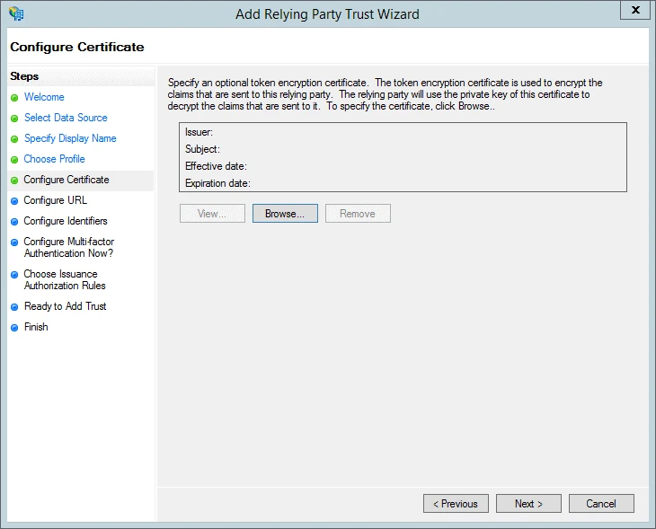 The AD FS configure certificate screen.