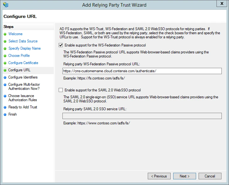 The AD FS configure URL screen.