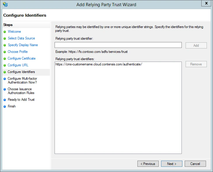 The AD FS configure identifiers screen.