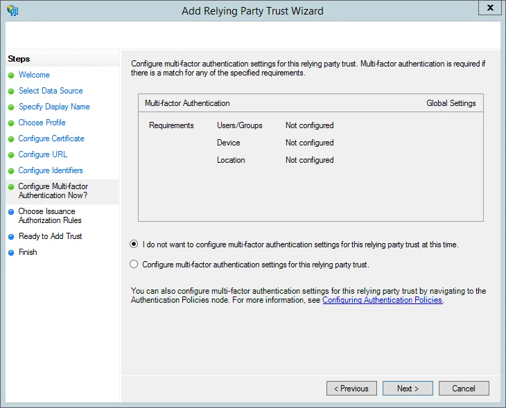 The AD FS configure multi-factor authentication screen.