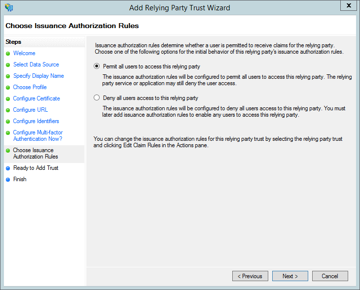 The AD FS issuance authorisation rules screen.