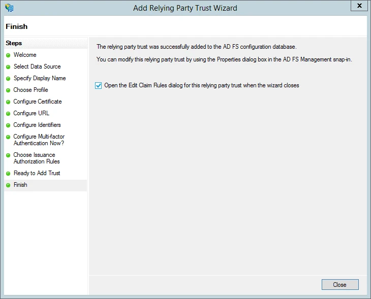 The AD FS finish setup screen.