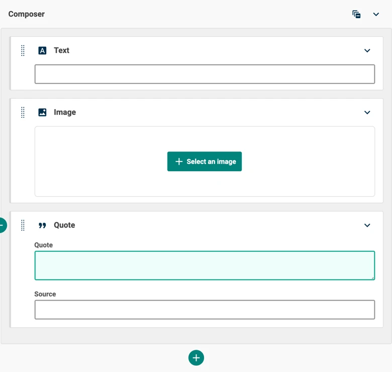 A composer field populated with a text, image and quote field