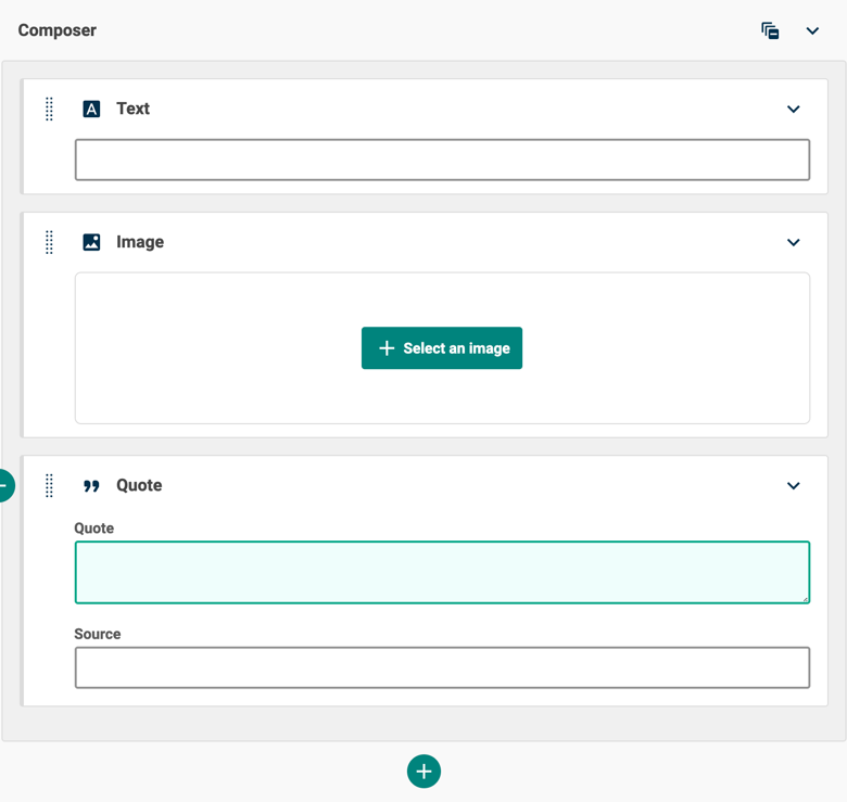 A composer field populated with a text, image and quote field