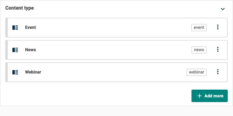 A content type field editor, showing three content types Event, News, Webinar selected, with a primary action button to Add more.