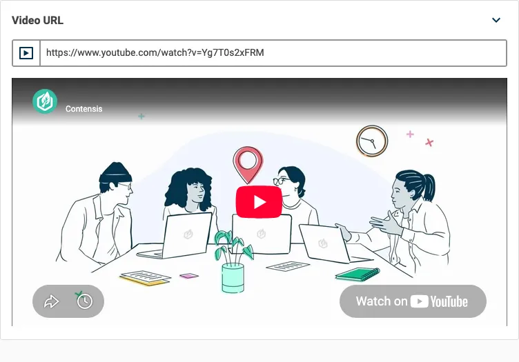A Video URL preview field showing a Youtube video