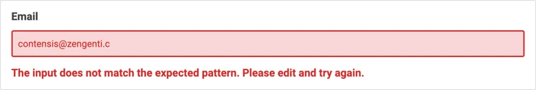 An email field with an email pattern matching validation showing an error