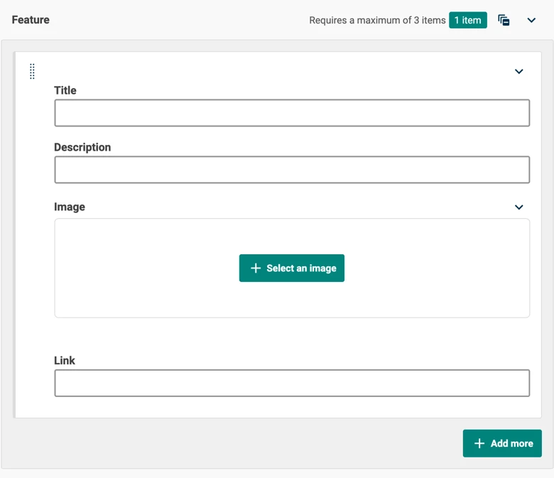 A feature component containing a title, description, image and link