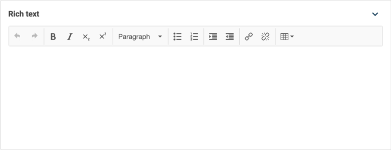 A rich text editor showing a toolbar of editor options such as bold, italic and bullet styles