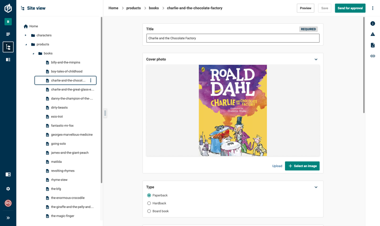 The Site View editor, showing a book being edited