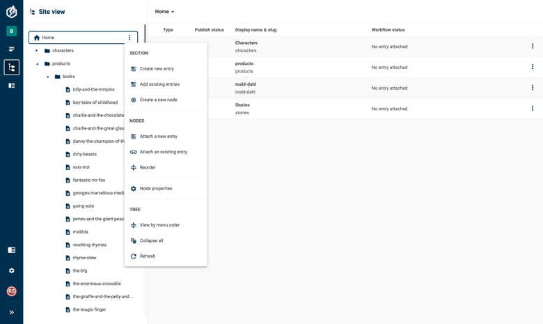 The Site View tree, showing a context menu of options