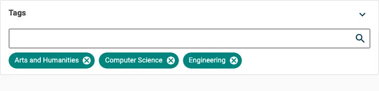 Tag input field with three tags added: Arts and humanities, Computer Science, Engineering
