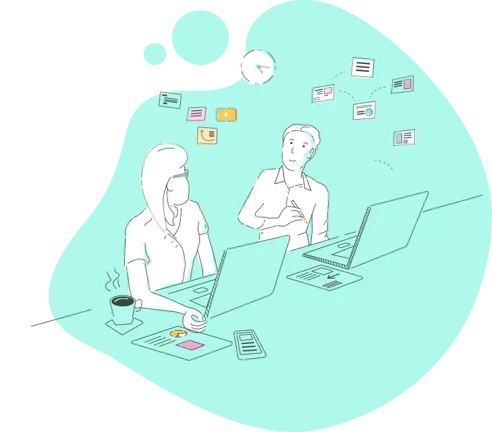 A female and a male working together at their laptops.