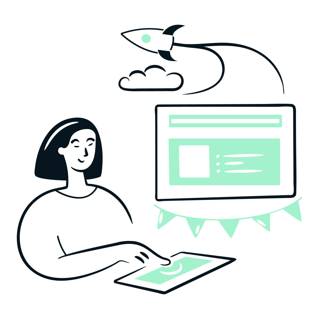 A green illustration of a woman launching a rocket from a tablet. 