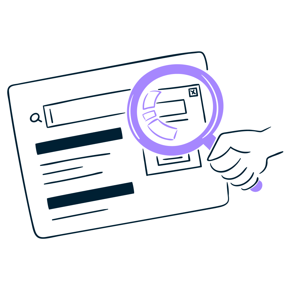 An illustration of a magnifying glass over a screen.