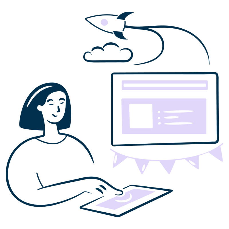 An Illustration of a woman launching a rocket from a tablet 