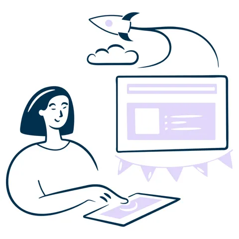 An Illustration of a woman launching a rocket from a tablet.