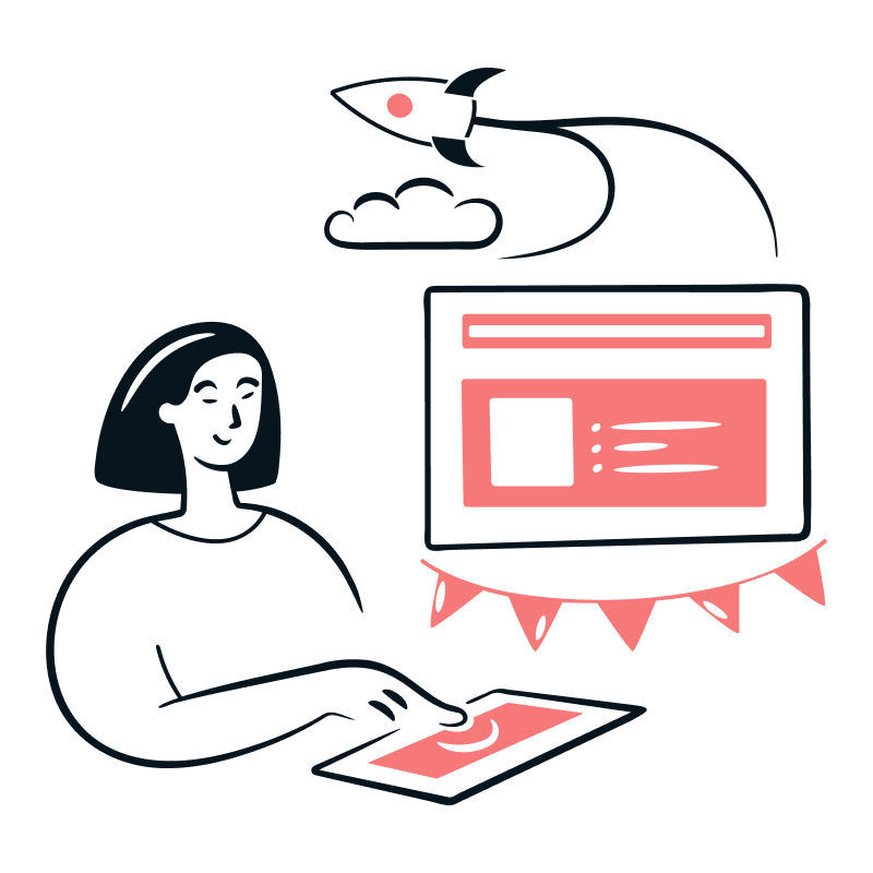 An Illustration of a woman launching a rocket from a tablet. 