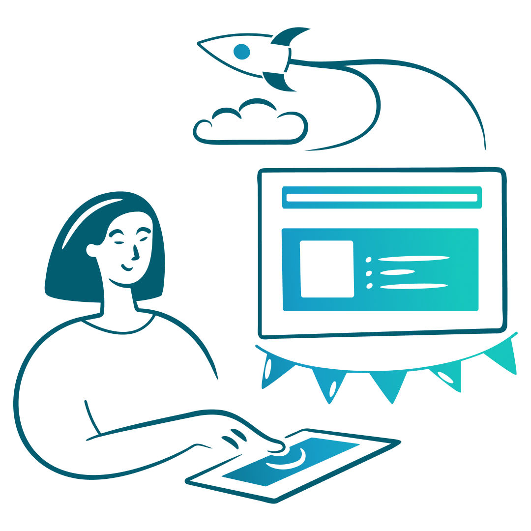 A blue illustration of a woman launching a rocket from a tablet. 